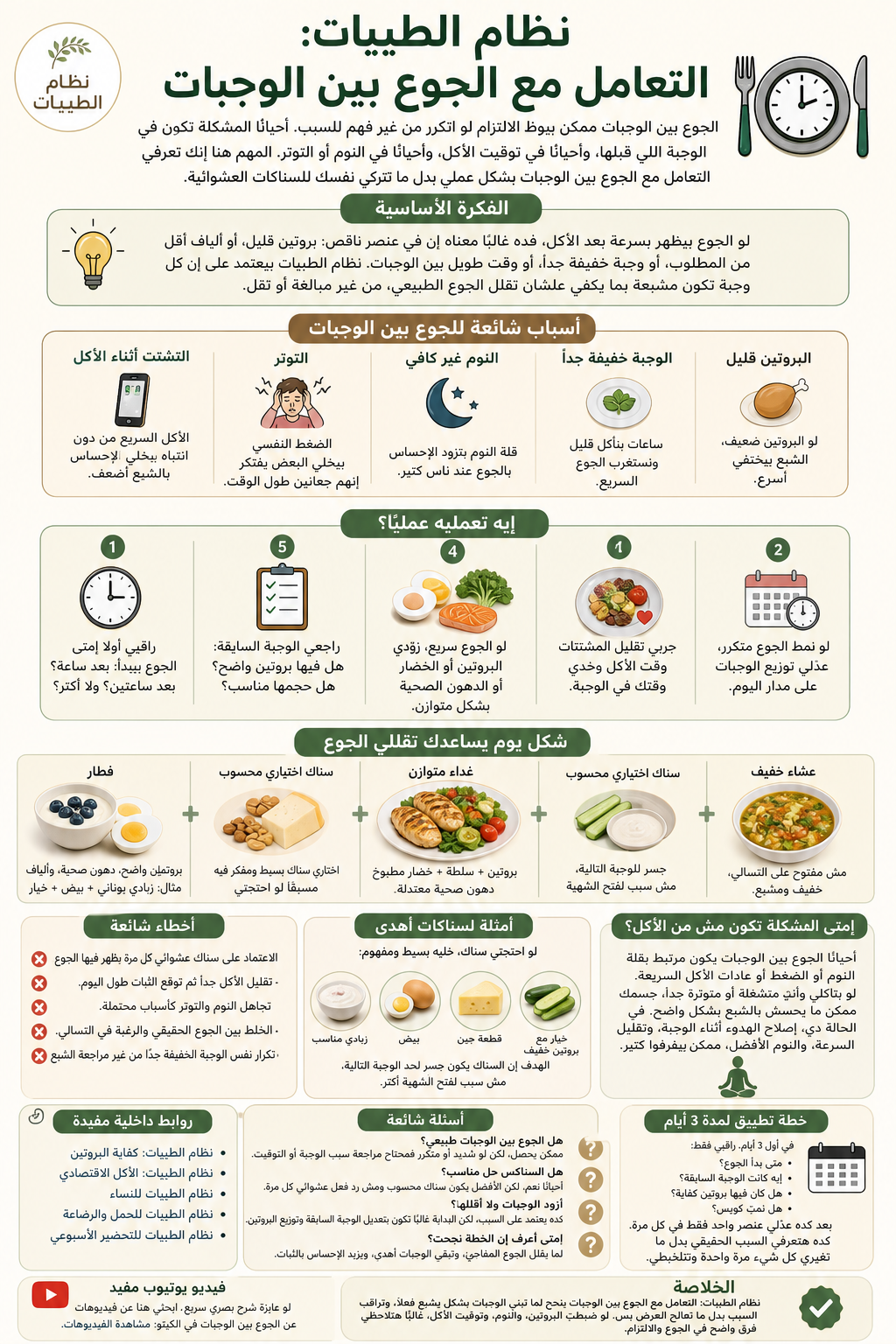 نظام الطيبات: التعامل مع الجوع بين الوجبات 2 إنفوجرافيك عربي يشرح نظام الطيبات والتعامل مع الجوع بين الوجبات، مع أسباب