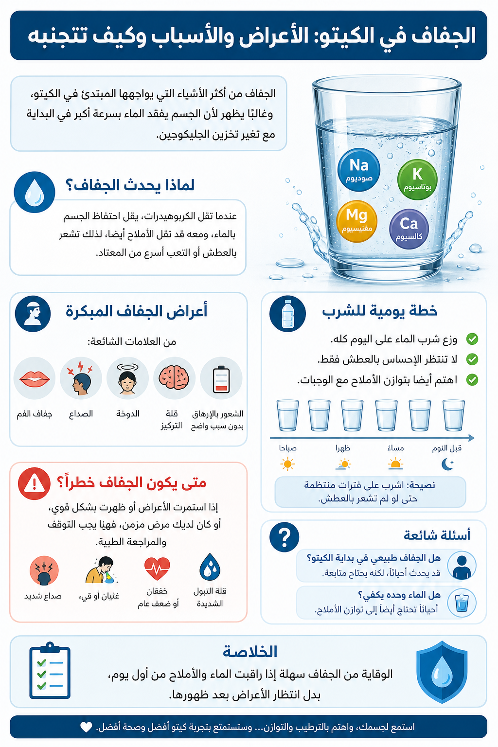 الجفاف في الكيتو: الأعراض والأسباب وكيف تتجنبه 2 إنفوجرافيك عن الجفاف في الكيتو: أسبابه وأعراضه وكيفية تجنبه، مع نصائح للشرب