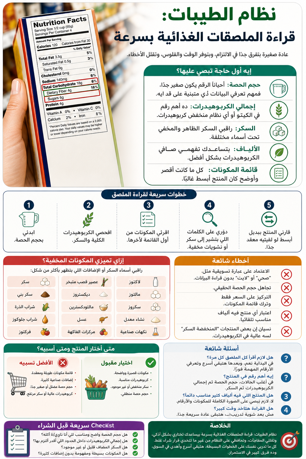 نظام الطيبات: قراءة الملصقات الغذائية بسرعة 2 إنفوجرافيك يشرح نظام الطيبات لقراءة الملصقات الغذائية بسرعة واختيار المنتج