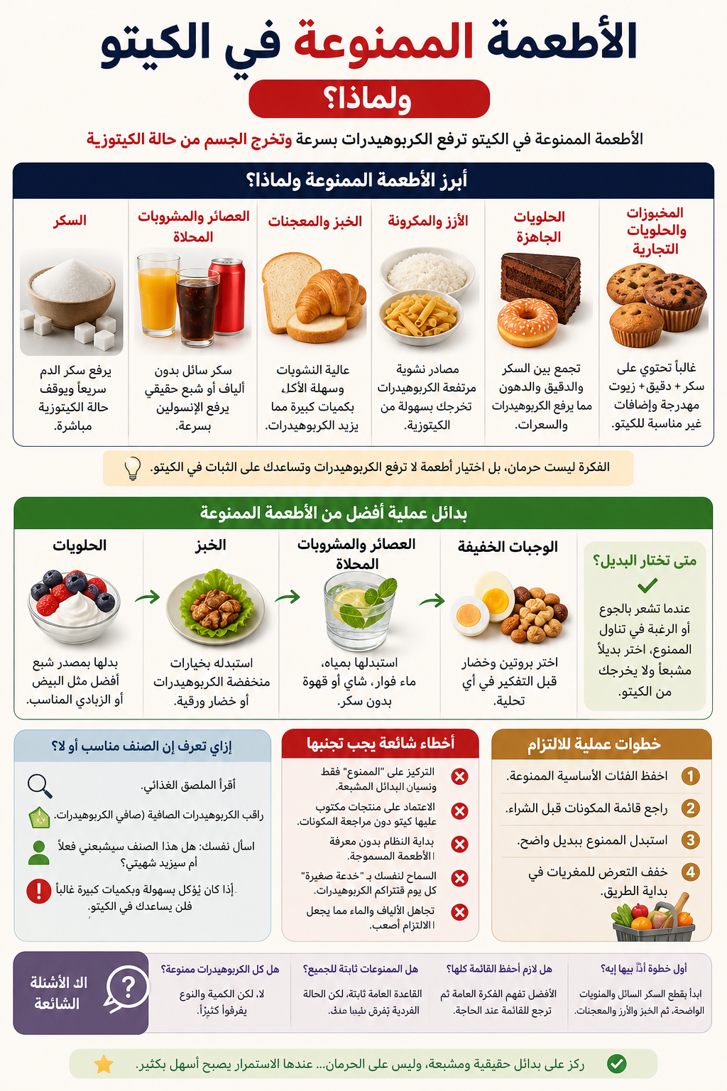 الأطعمة الممنوعة في الكيتو دايت ولماذا؟ 2 إنفوجرافيك يوضح الأطعمة الممنوعة في الكيتو ولماذا، مع بدائل ونصائح للالتزام