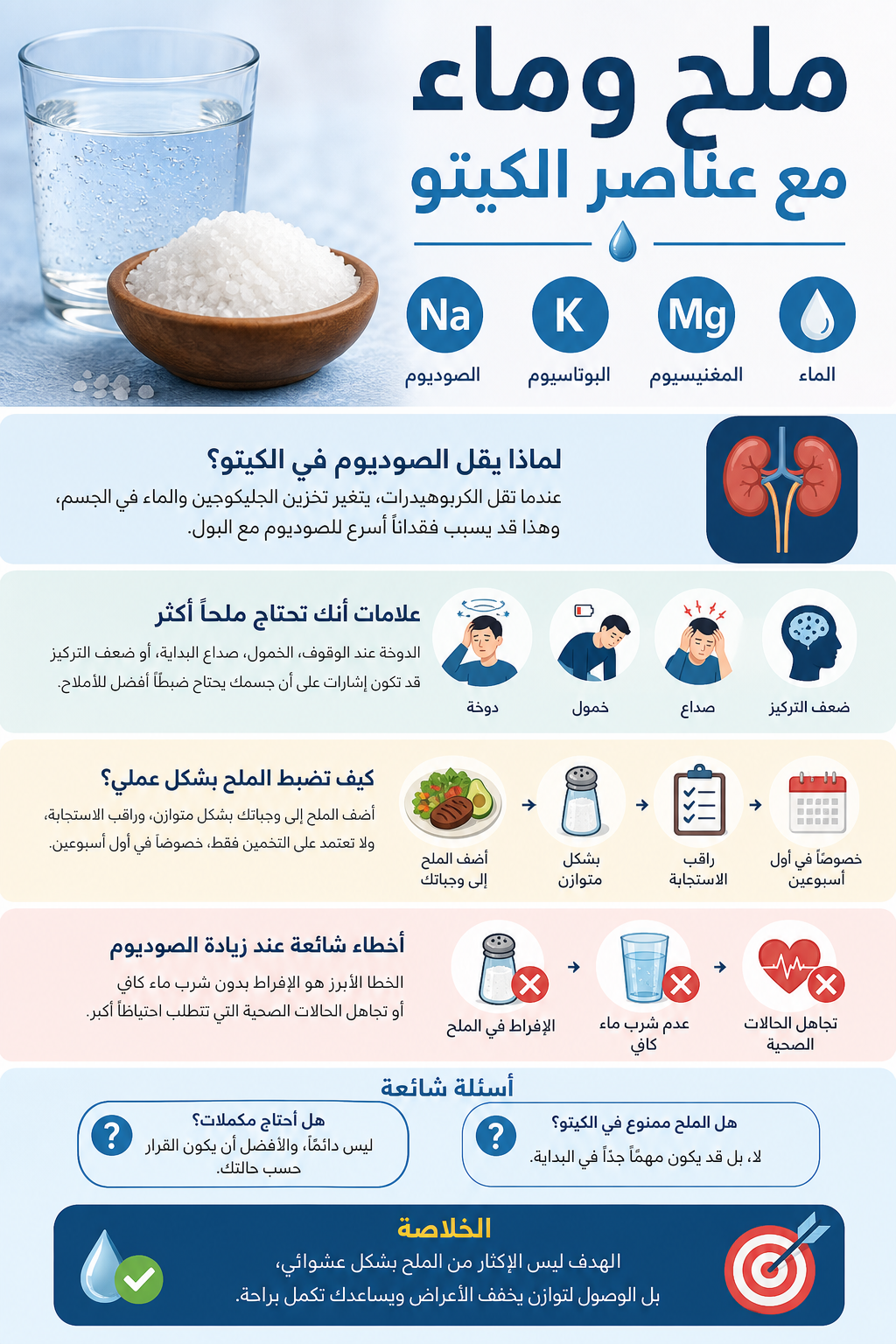 ملح وماء مع عناصر الكيتو: الصوديوم والبوتاسيوم والمغنيسيوم والماء، مع نصائح