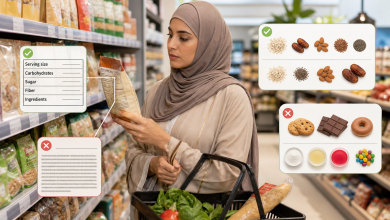 امرأة تتفقد بطاقة القيم الغذائية على عبوة طعام في متجر بقالة، مع توضيح أن قراءة المكونات أهم من السعرات والسكريات