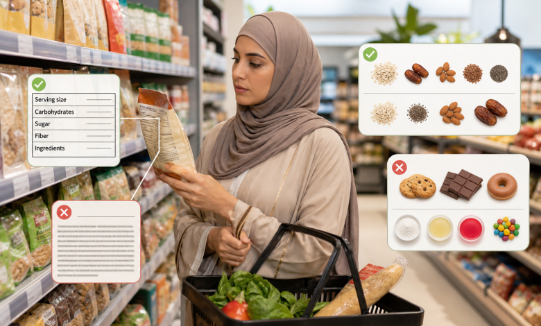 نظام الطيبات: قراءة الملصقات الغذائية بسرعة 1 امرأة تتفقد بطاقة القيم الغذائية على عبوة طعام في متجر بقالة، مع توضيح أن قراءة المكونات أهم من السعرات والسكريات