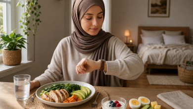امرأة محجبة تنظر إلى ساعة يدها أمام وجبة صحية على الطاولة