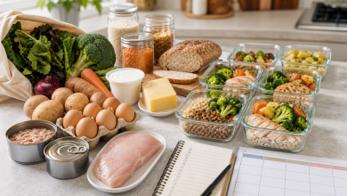 مكونات وجبات أسبوعية مُحضّرة مسبقًا على طاولة المطبخ، مع دفتر وقائمة تخطيط