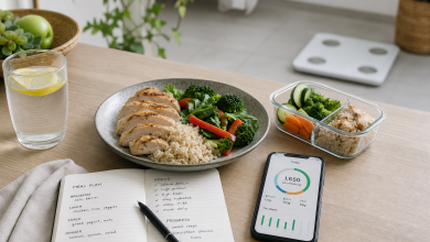 وجبة صحية مع دجاج وخضار وأرز، مع دفتر تخطيط للوجبات وهاتف يعرض تتبع السعرات الحرارية